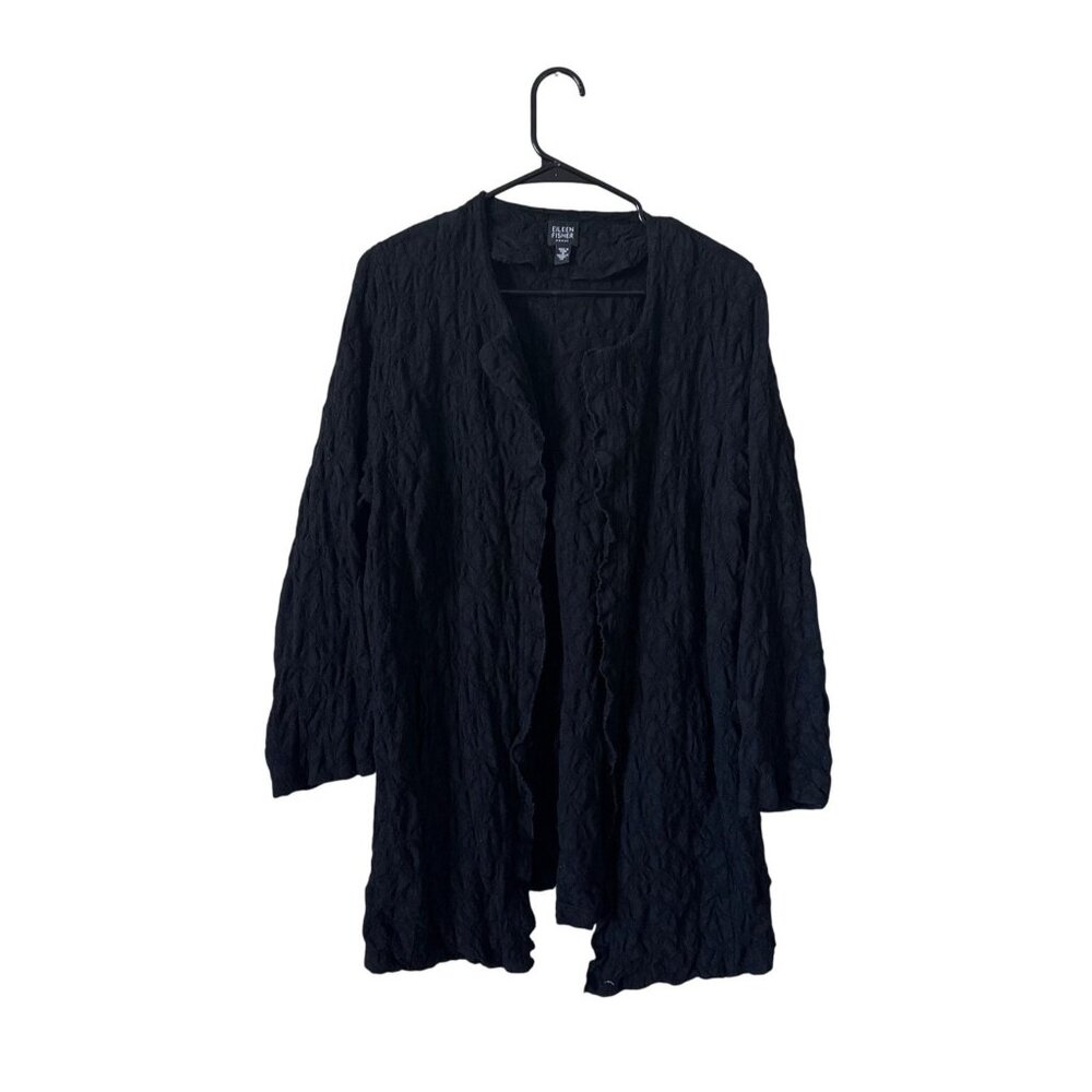 Eileen Fisher Women's Open Front Textured Black Wool Cardigan Sweater